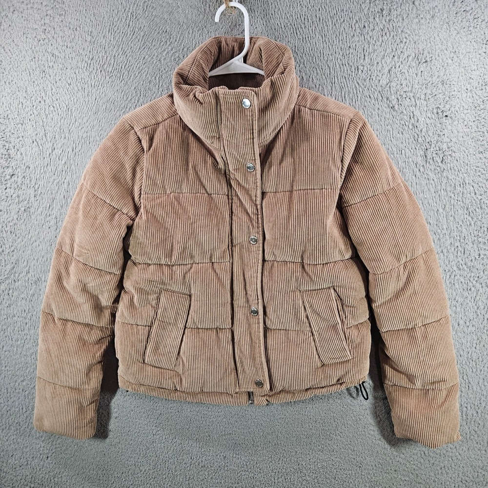 Hollister Corduroy Puffer Jacket XS Tan Brown Quilted Zip Snap Crop Coat Womens